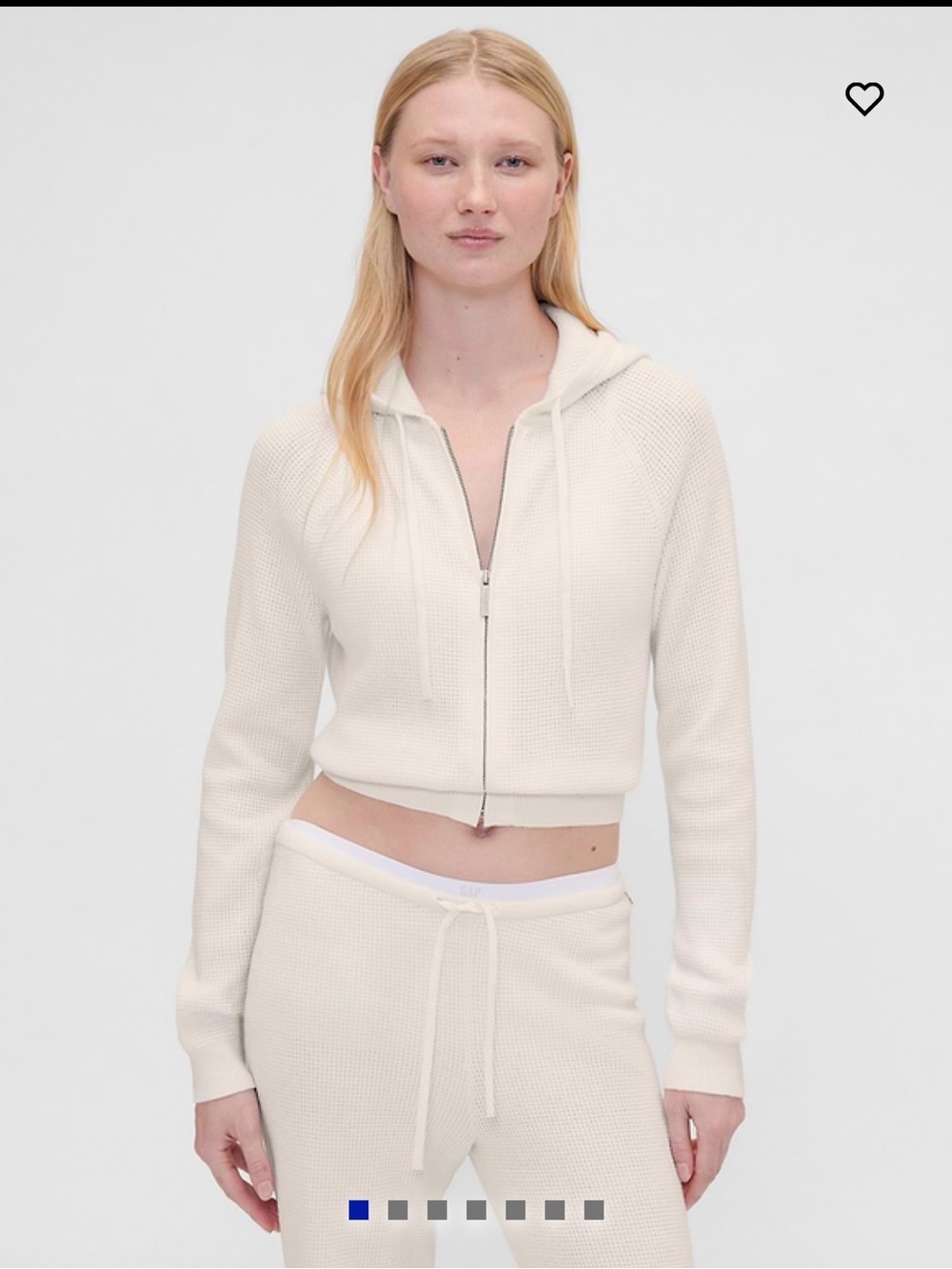 Cropped Waffle-Knit Zip Hoodie - Cream